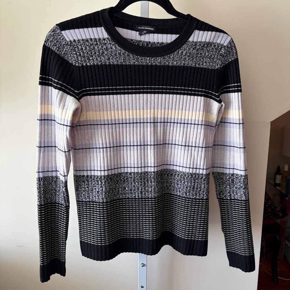 Club Monaco Striped Ribbed Wool Crewneck Sweater Black Purple White Sz Small